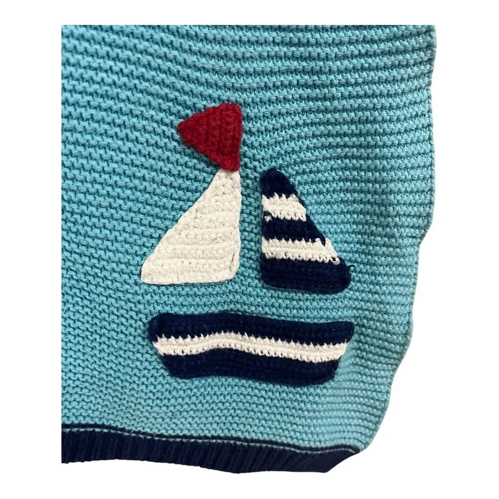 Blue Knit Sailboat Baby Blanket Cotton